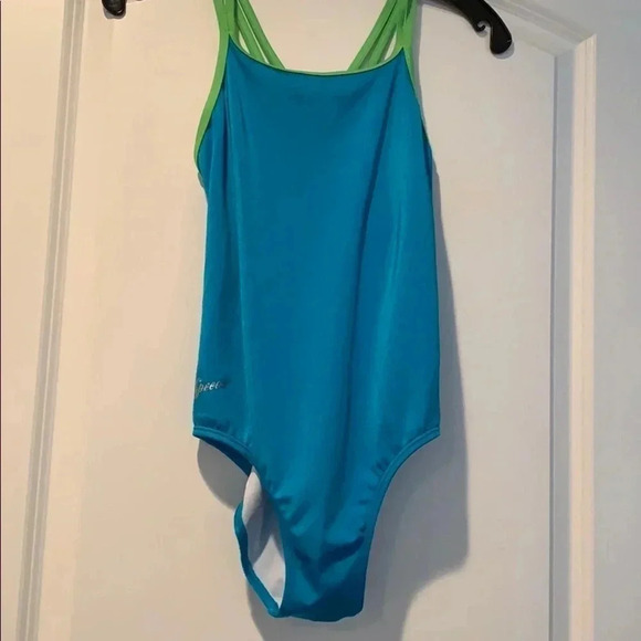 SPEEDO Girls Racerback Swimsuit Blue Metallic One-Piece - Picture 1 of 4